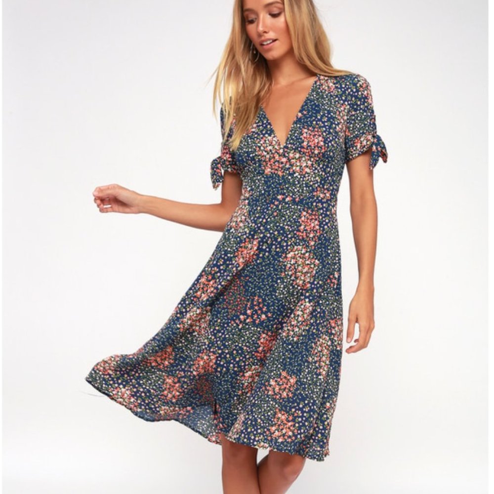 LuLus Austyn Navy Blue Floral Pretty Print Tie-Sleeve Midi Dress